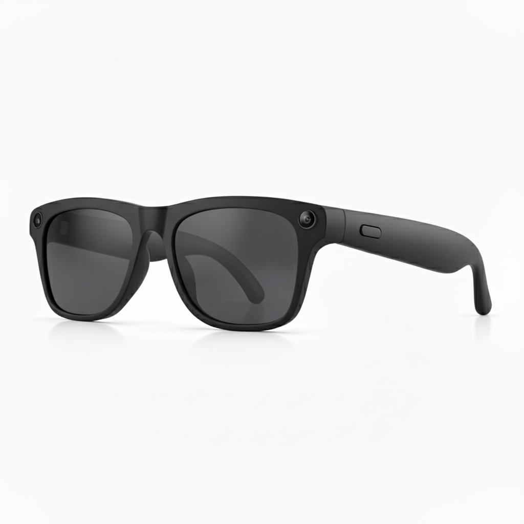 Black AI glasses with a reflective surface on a white background