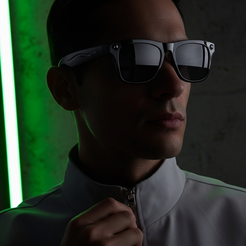 Person wearing dark AI Glasses in a dimly lit setting with green light