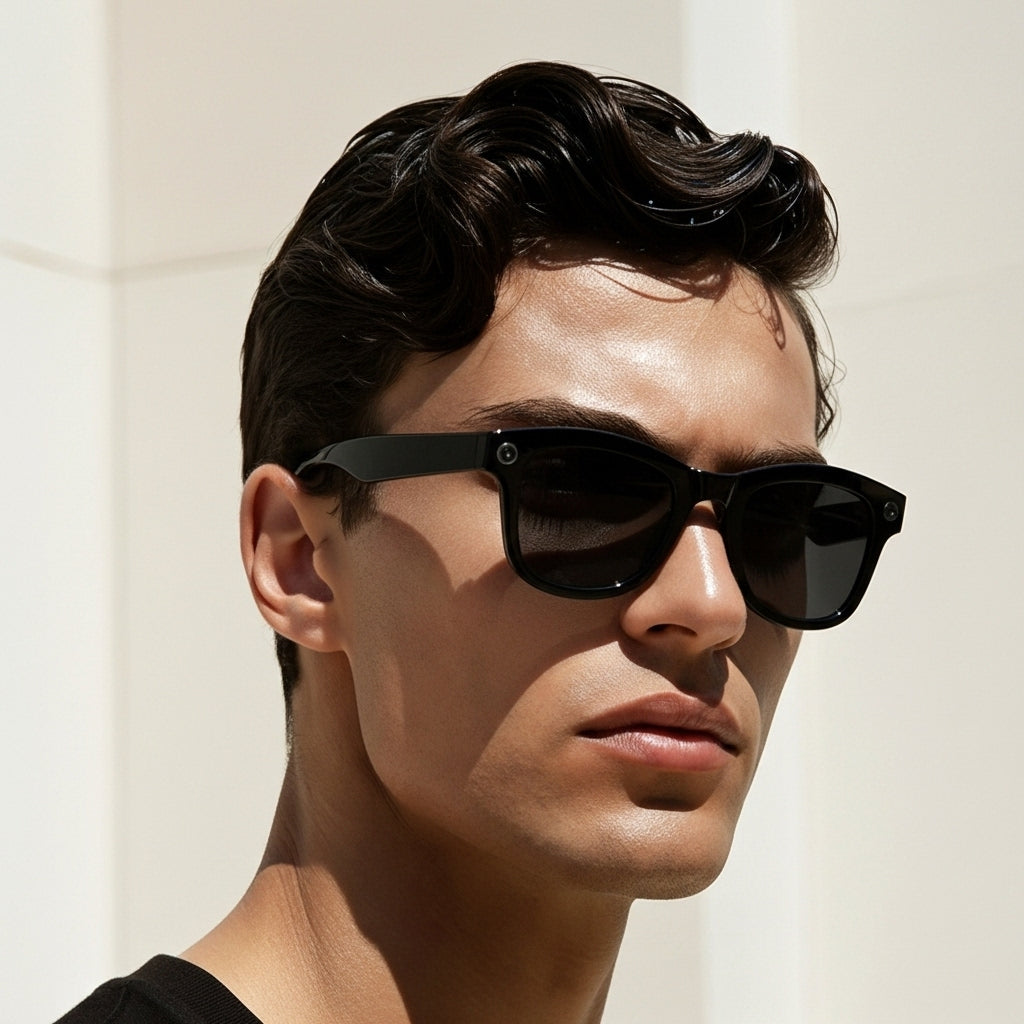 Man wearing black AI Camera glasses with a neutral background